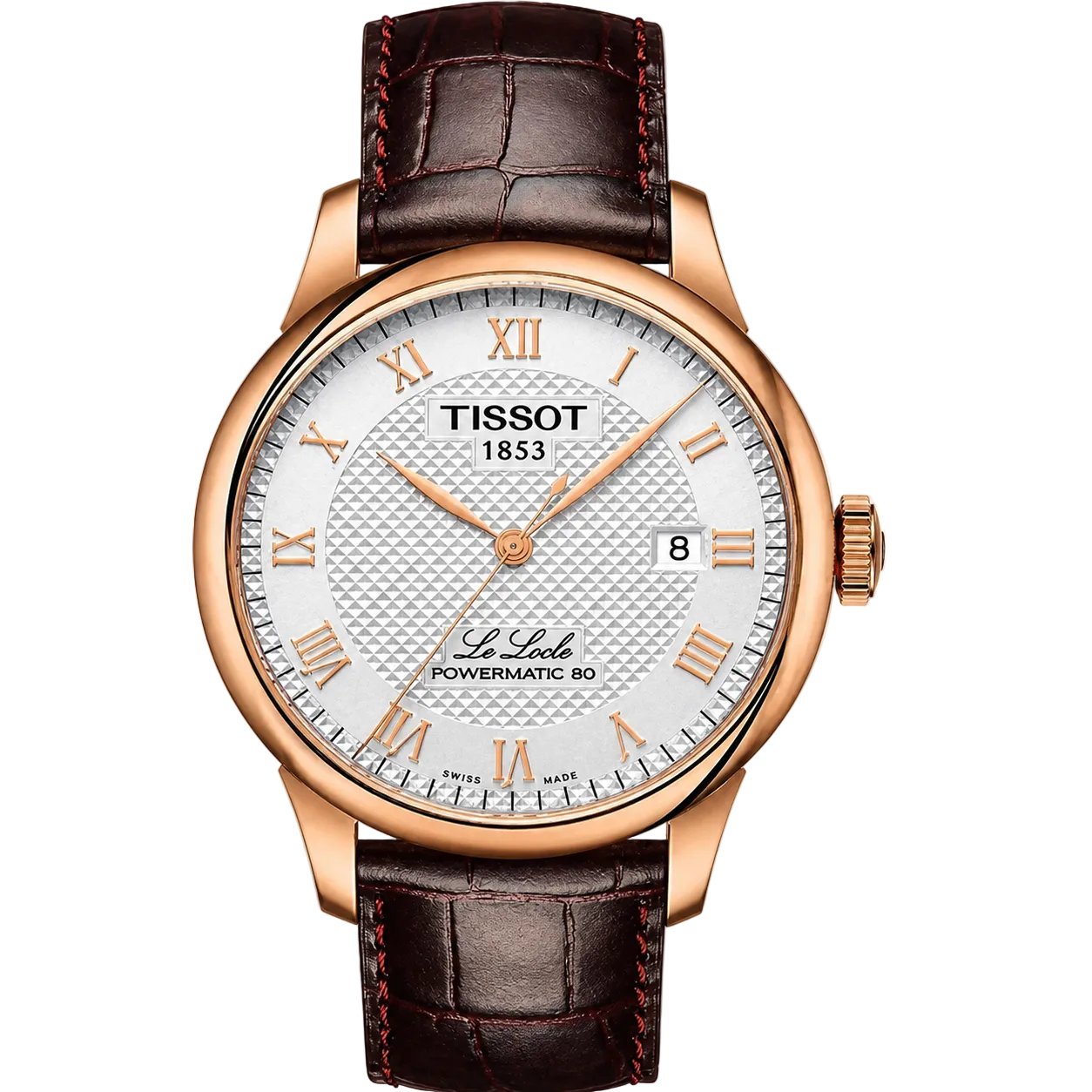 Men's Tissot Le Locle Powermatic 80 Silver Dial Rose Gold PVD Leather Watch 39.3mm - T006.407.36.033.00