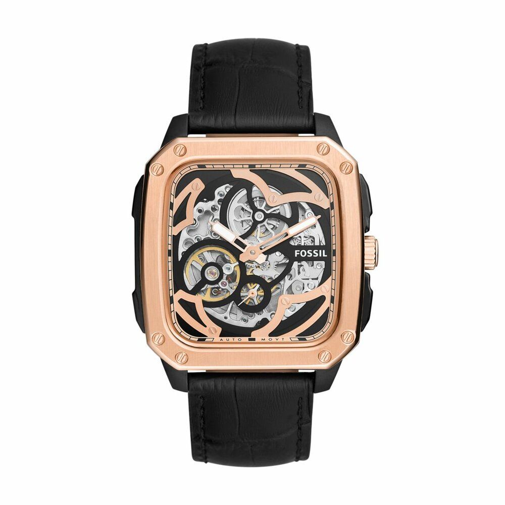 Men's Fossil Inscription Automatic Black Leather Watch - BQ2572