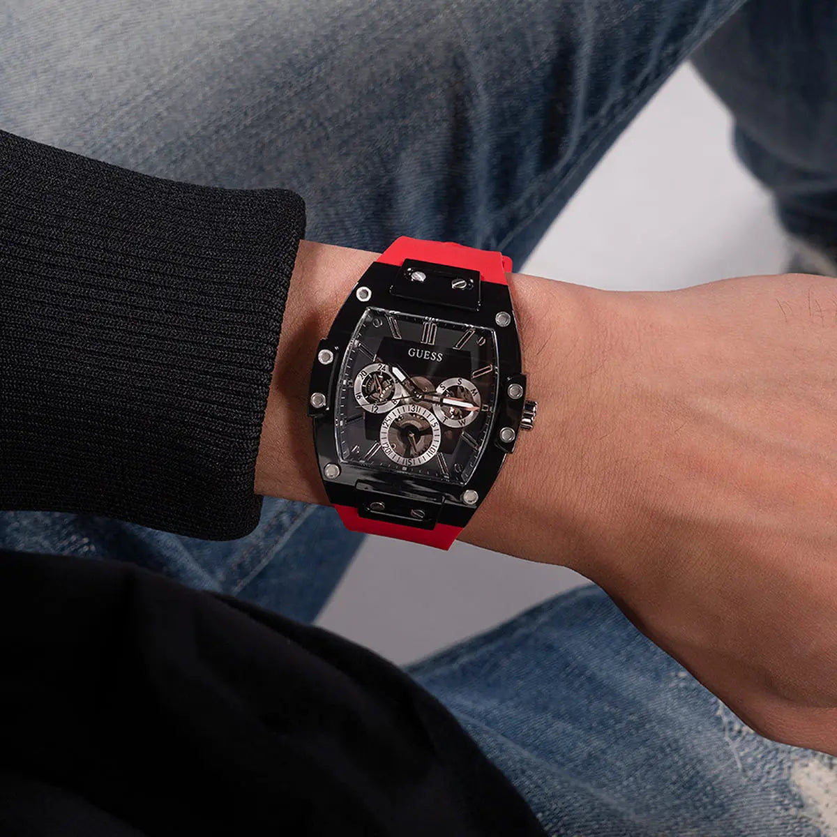 Guess Phoenix Multifunction Black Dial Red Rubber Strap Watch for Men - GW0203G4