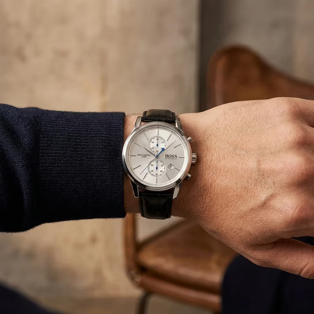Men's Hugo Boss Jet Chronograph Silver Dial Stainless Steel Leather Watch 41mm - 1513282