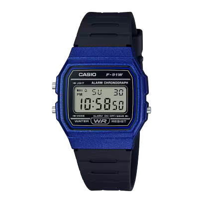 Men's Casio Classic Digital Blue Case Black Resin Strap 33mm - F-91WM-2AJH