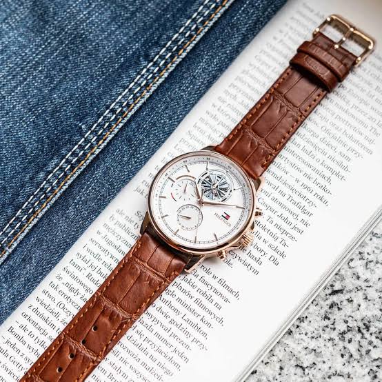 Men's Tommy Hilfiger Brown Leather White Dial Multi-function 44mm Watch - 1710606