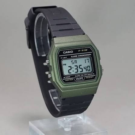 Men's Casio Classic Digital Olive Green Case Black Resin Strap 33mm - F-91WM-3AJH