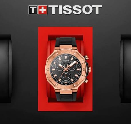 Men's Tissot T-Race Swiss Quartz Chronograph Black Dial Rose Gold PVD Silicone Watch 45mm - T141.417.37.051.00