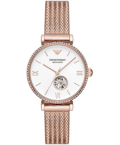 Women's Emporio Armani Automatic White Dial Rose Gold Mesh Bracelet 34mm Watch - AR60063