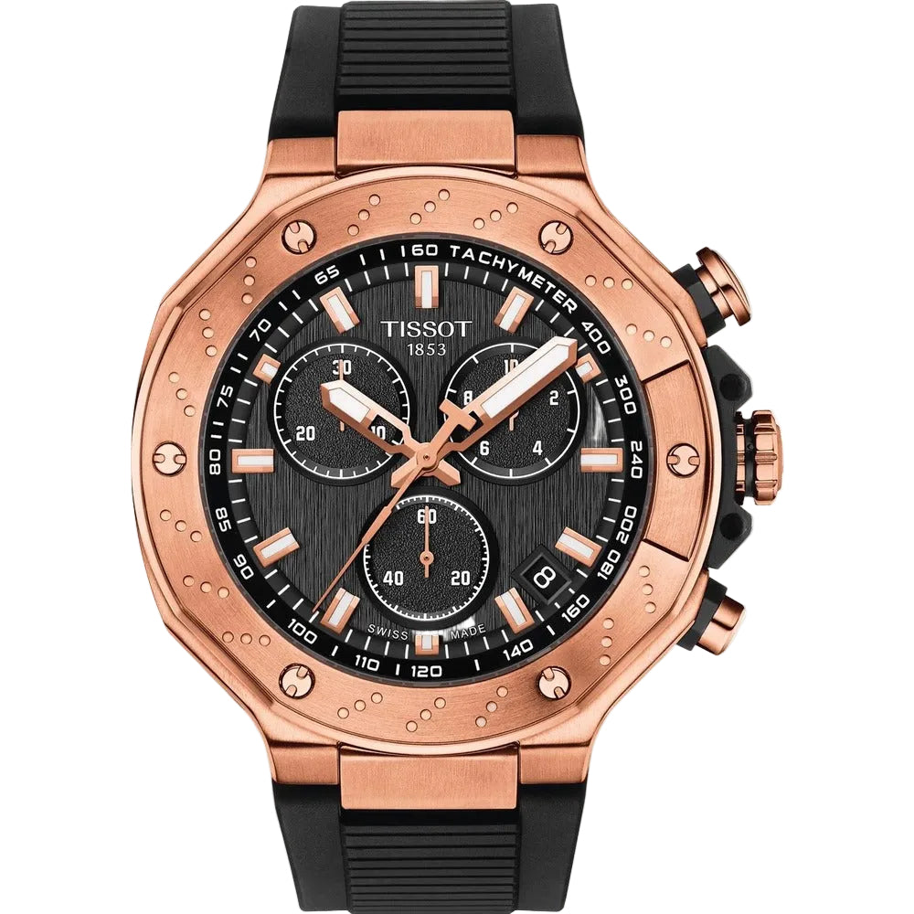 Men's Tissot T-Race Swiss Quartz Chronograph Black Dial Rose Gold PVD Silicone Watch 45mm - T141.417.37.051.00
