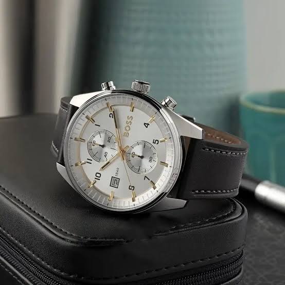 Men's Hugo Boss Volane Quartz Chronograph Silver Dial Black Leather Watch 44mm - 1514147