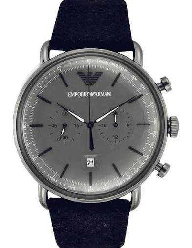 Men's Emporio Armani Aviator Quartz Grey Dial Blue Fabric Strap 43mm Watch - AR11144