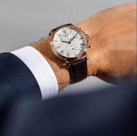 Men's Tissot Carson Premium Swiss Quartz Chronograph Silver Dial Rose Gold PVD Leather Watch 41mm - T122.417.36.033.00