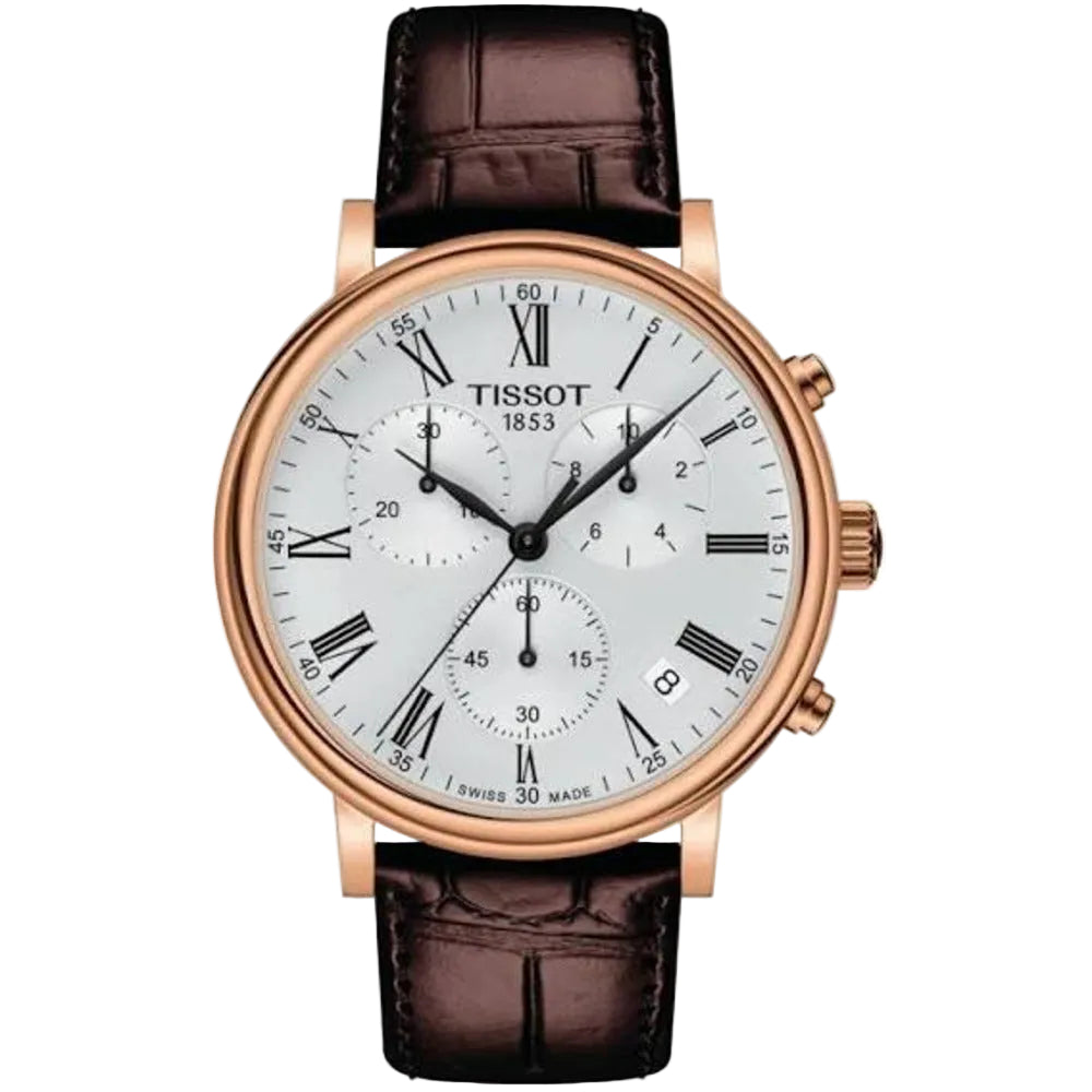 Men's Tissot Carson Premium Swiss Quartz Chronograph Silver Dial Rose Gold PVD Leather Watch 41mm - T122.417.36.033.00
