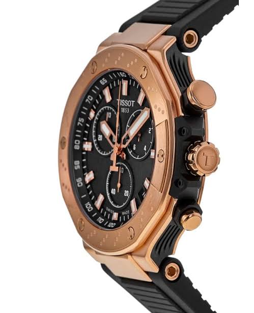 Men's Tissot T-Race Swiss Quartz Chronograph Black Dial Rose Gold PVD Silicone Watch 45mm - T141.417.37.051.00