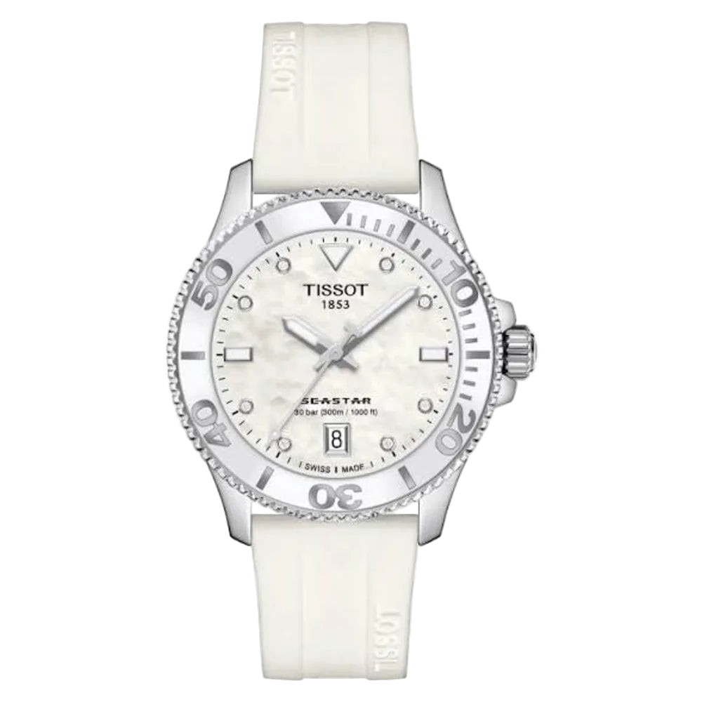 Women's Tissot Seastar 1000 Swiss Quartz Mother of Pearl Dial Silicone Strap Watch 36mm - T120.210.17.116.00