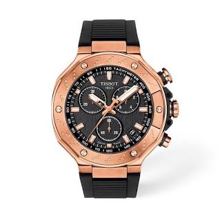 Men's Tissot T-Race Swiss Quartz Chronograph Black Dial Rose Gold PVD Silicone Watch 45mm - T141.417.37.051.00