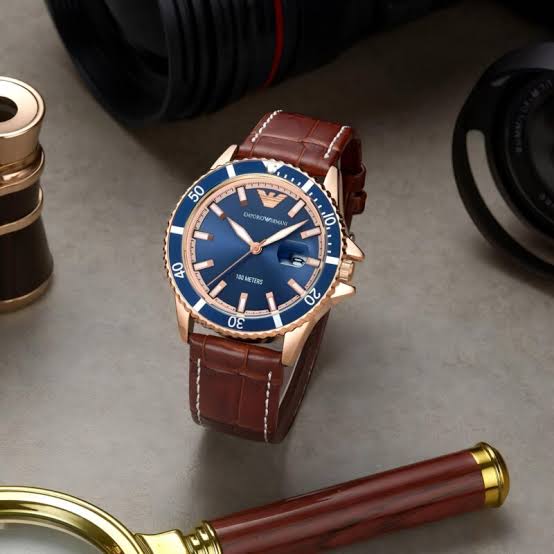 Men's Emporio Armani Diver Quartz Blue Dial Rose Gold Leather Watch 42mm - AR11556