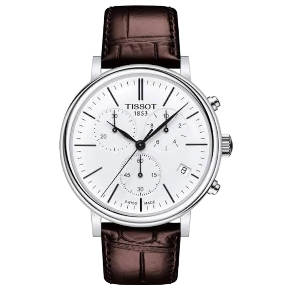 Men's Tissot Carson Premium Swiss Quartz Chronograph Silver Dial Brown Leather Watch 41mm - T122.417.16.011.00