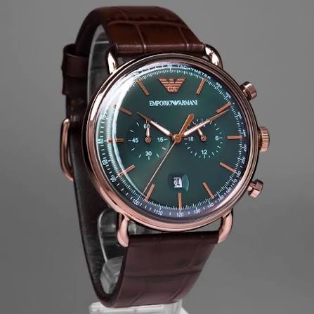 Men's Emporio Armani Mario Quartz Chronograph Green Dial Brown Leather Watch 43mm - AR11334