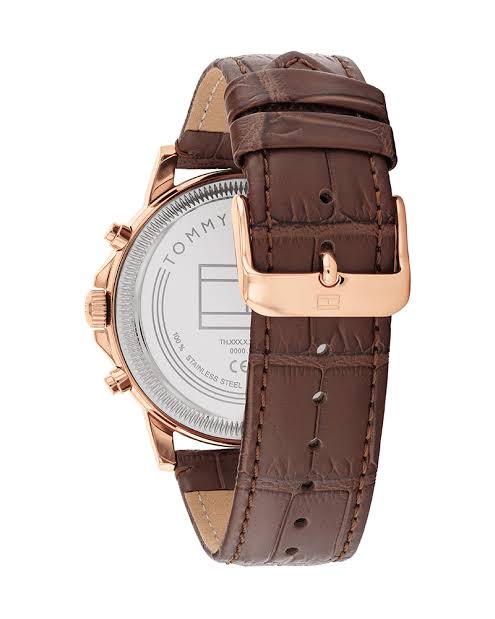 Men's Tommy Hilfiger Brown Leather White Dial Multi-function 44mm Watch - 1710606