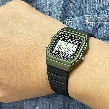 Men's Casio Classic Digital Olive Green Case Black Resin Strap 33mm - F-91WM-3AJH