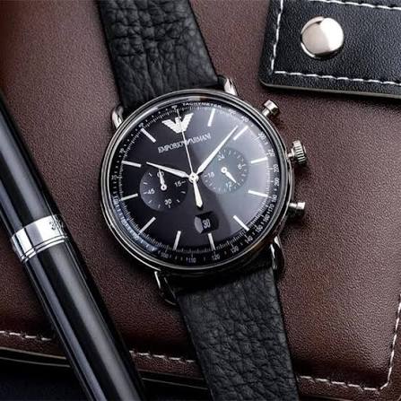 Men's Emporio Armani Aviator Black Leather Black Dial 43mm Watch - AR11143