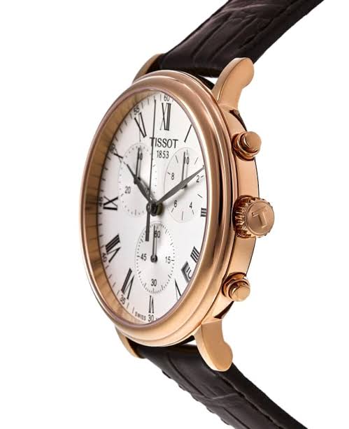Men's Tissot Carson Premium Swiss Quartz Chronograph Silver Dial Rose Gold PVD Leather Watch 41mm - T122.417.36.033.00
