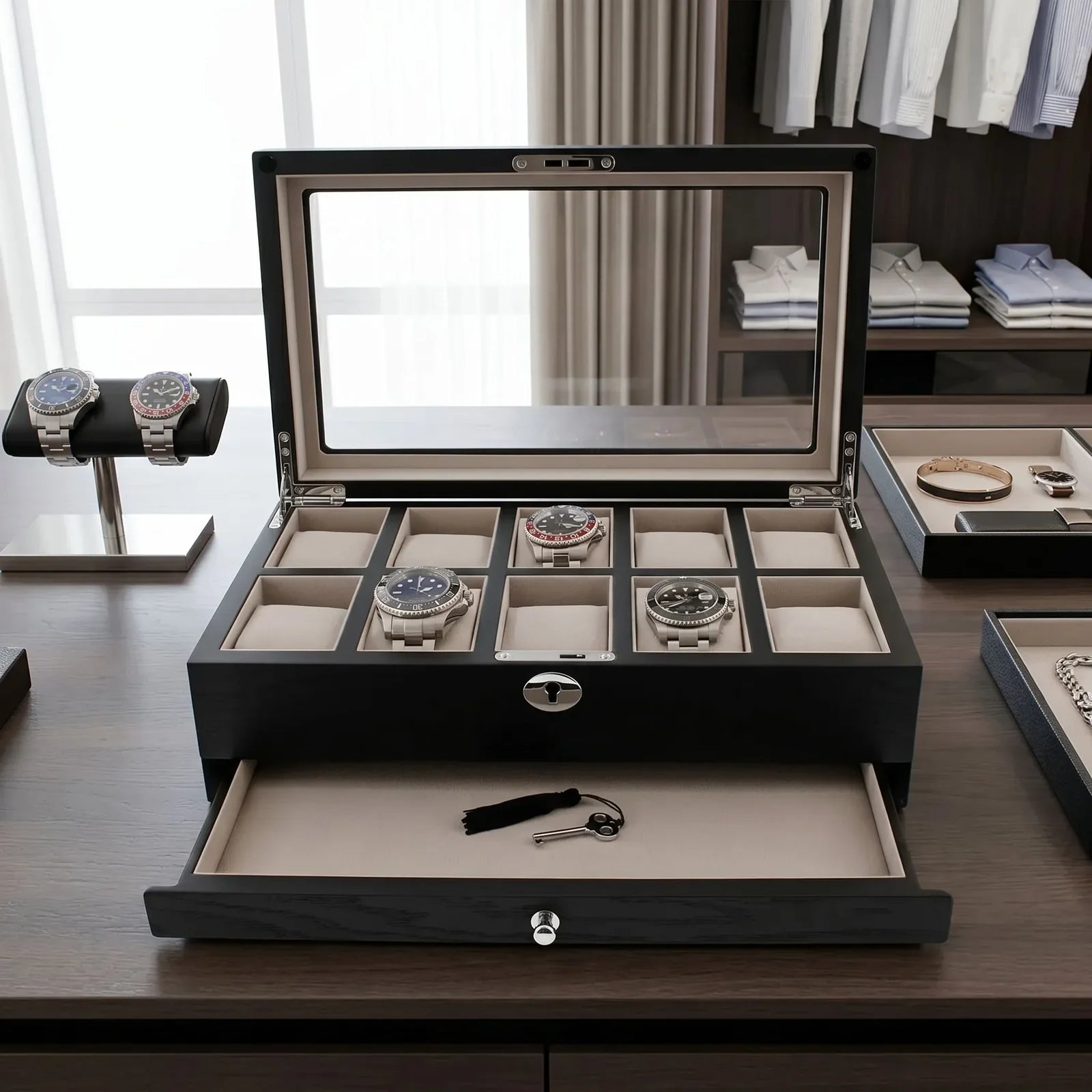 10 Watch Box Black Oak Veneer with Extra Storage Drawer Premium Quality