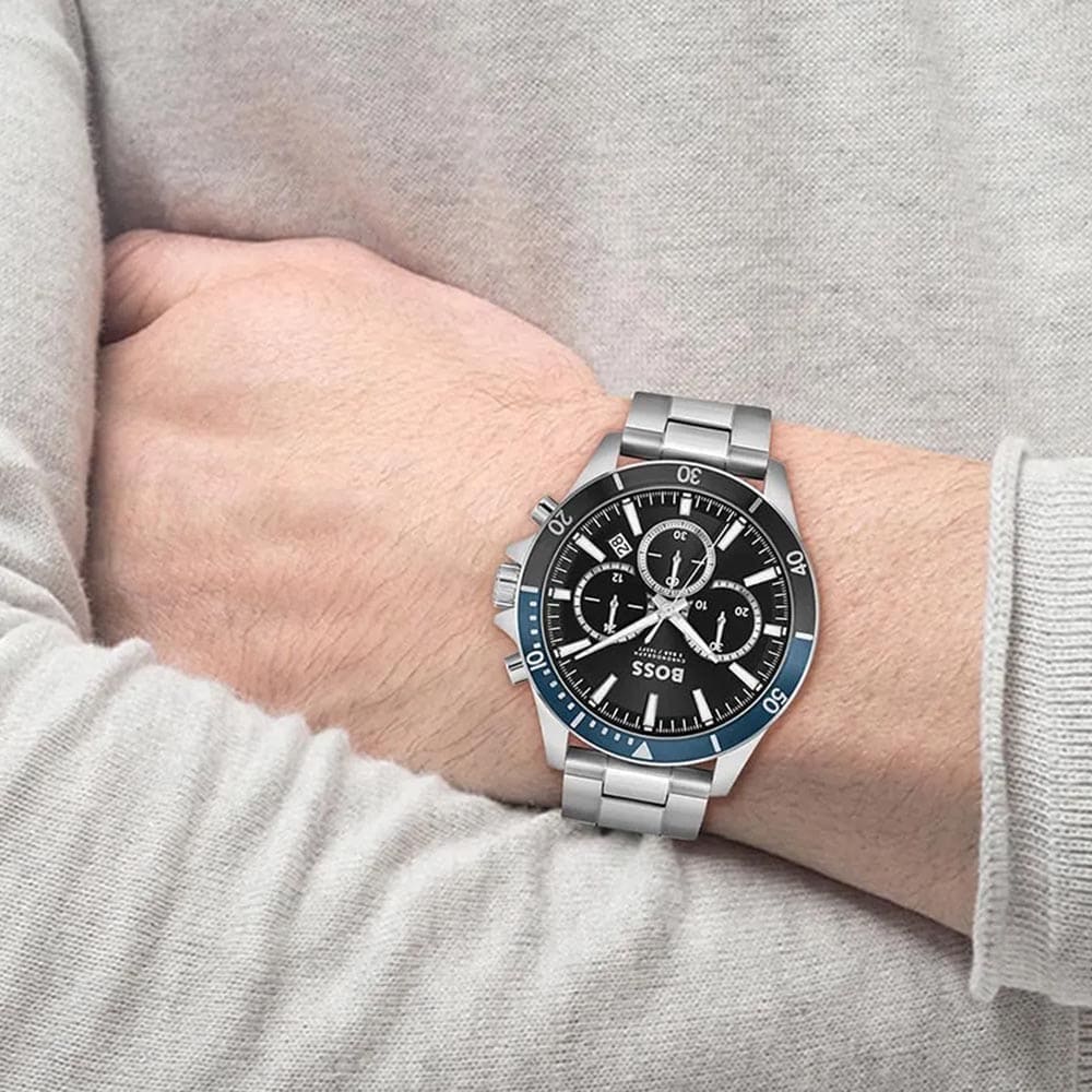 Men's Hugo Boss Silver Steel Black Dial Chronograph Watch