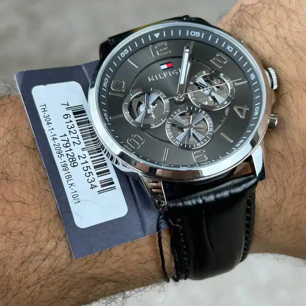Men's Tommy Hilfiger Keagan Grey Dial Black Leather Strap 44mm Watch - 1791289