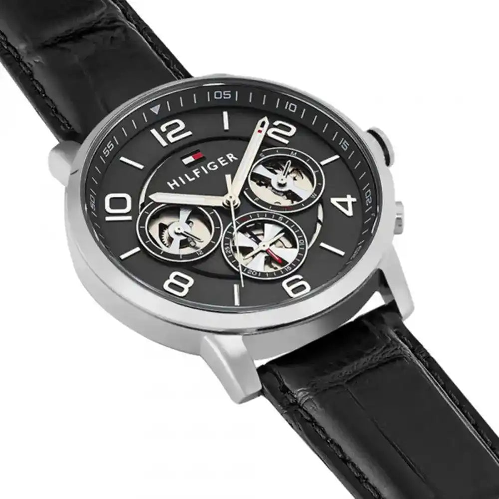Men's Tommy Hilfiger Keagan Grey Dial Black Leather Strap 44mm Watch - 1791289