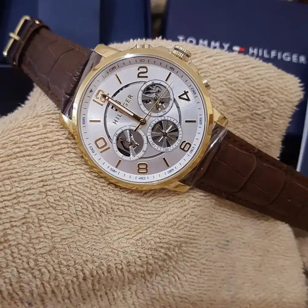 Men's Tommy Hilfiger Keagan Silver Dial Brown Leather Strap 44mm Watch - 1791291