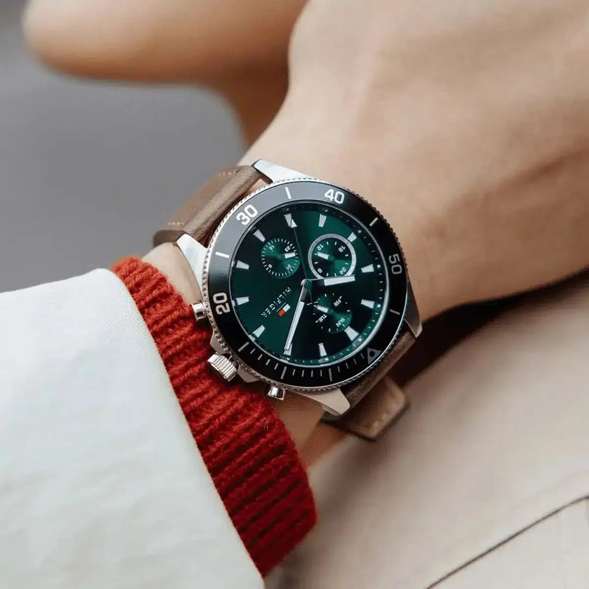 Tommy Hilfiger Brown Leather Green Dial Multi-function Men's Watch - 1791983