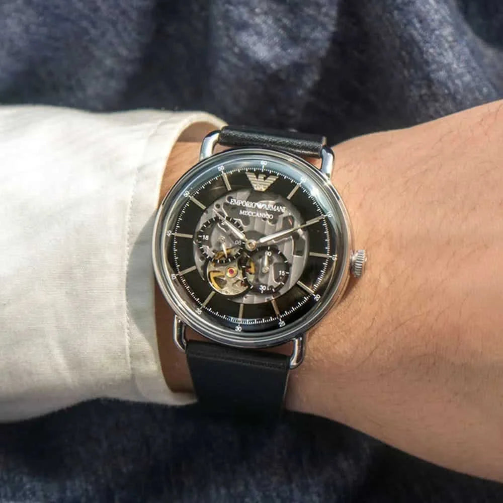 Men's Emporio Armani Aviator Skeleton Dial Black Leather Strap 43mm Watch - AR60026