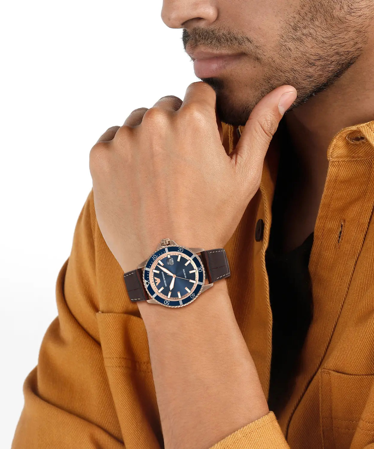 Men's Emporio Armani Diver Quartz Blue Dial Rose Gold Leather Watch 42mm - AR11556