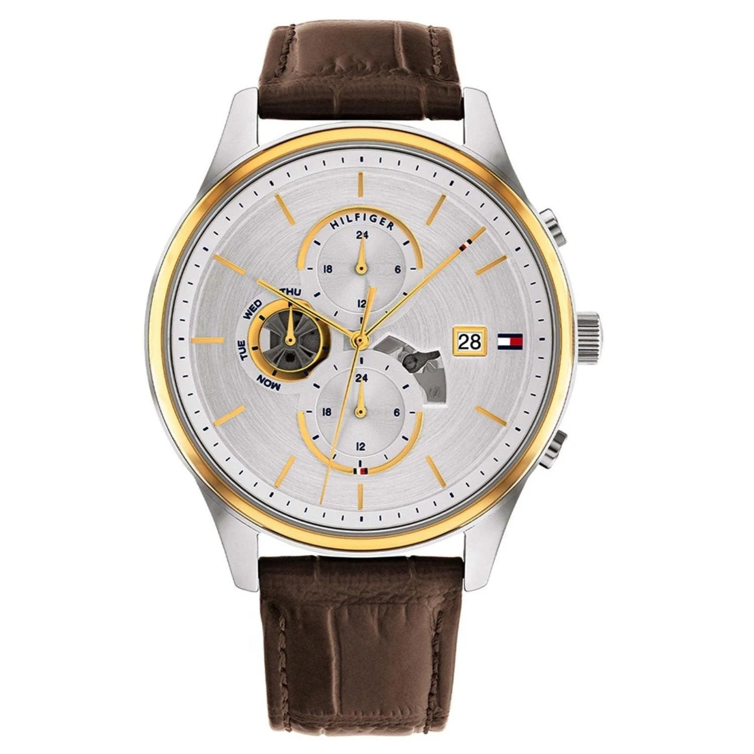 Tommy Hilfiger Brown Leather Silver White Dial Multi-function Men's Watch - 1710501