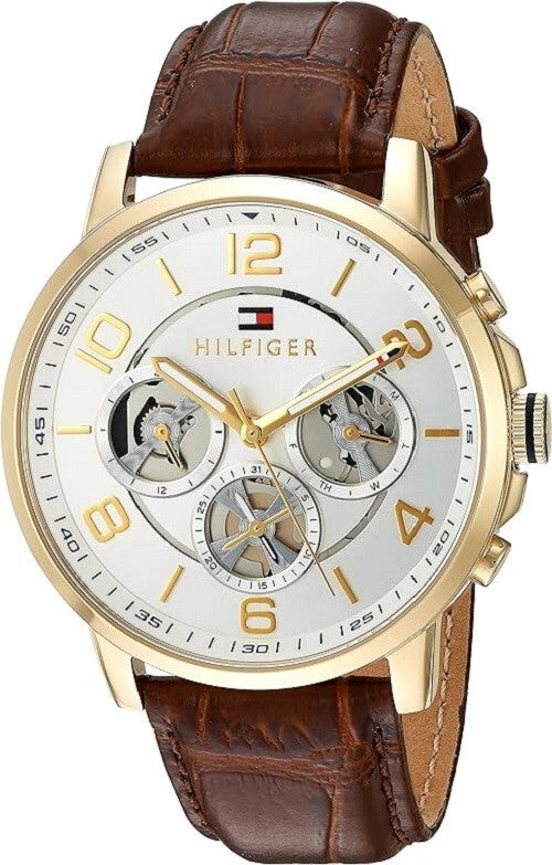 Men's Tommy Hilfiger Keagan Silver Dial Brown Leather Strap 44mm Watch - 1791291