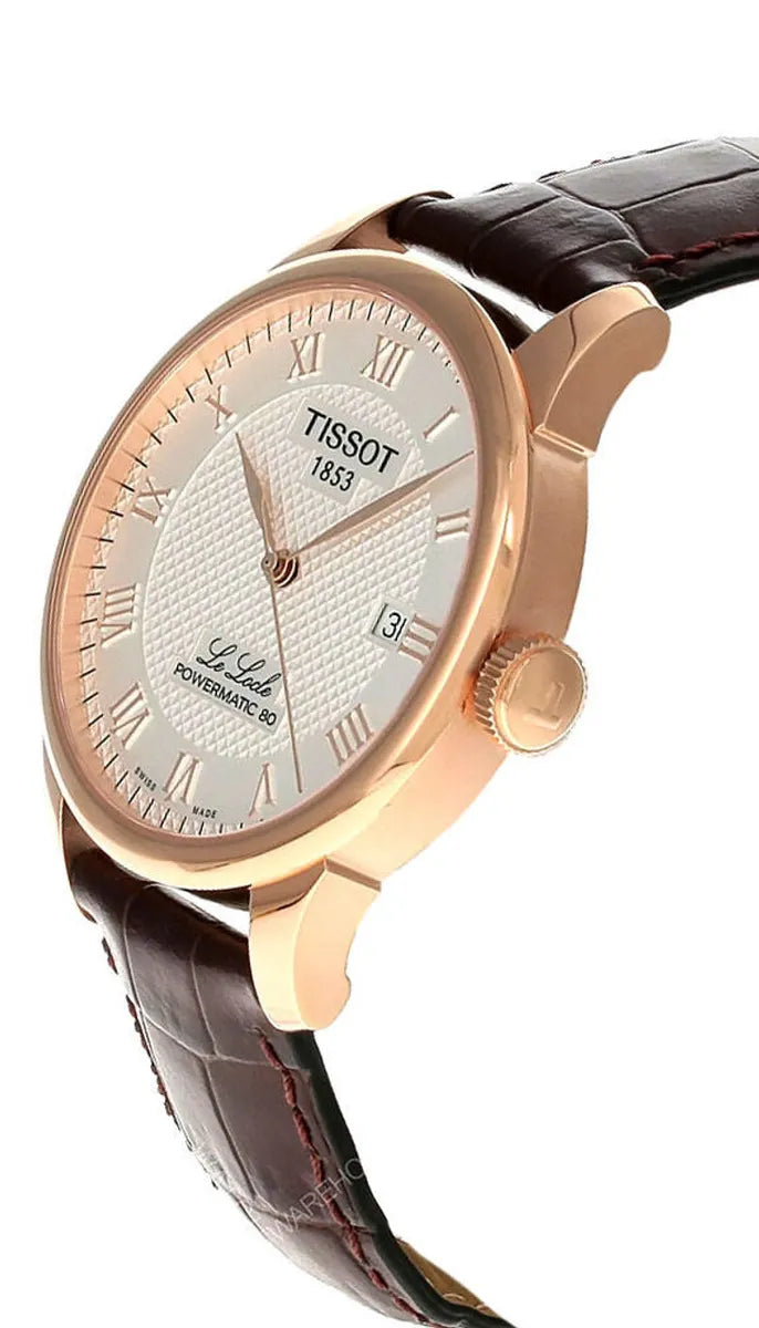 Men's Tissot Le Locle Powermatic 80 Silver Dial Rose Gold PVD Leather Watch 39.3mm - T006.407.36.033.00