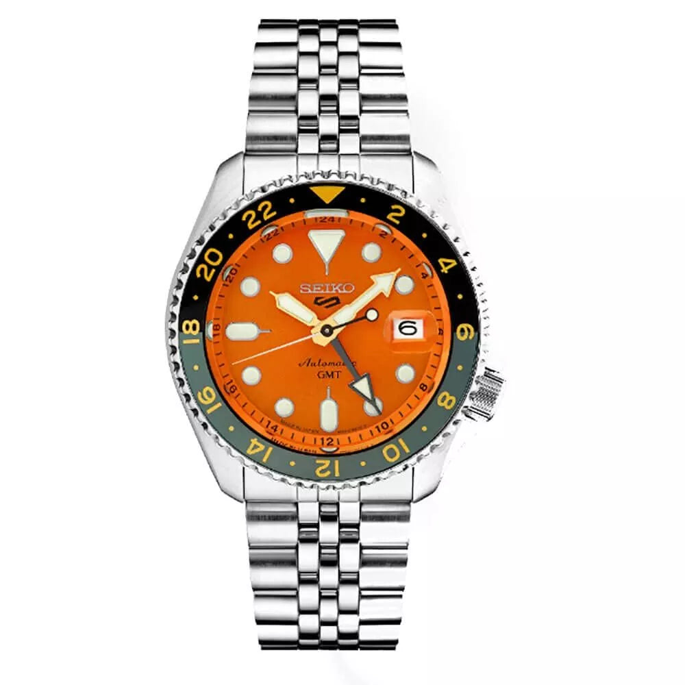 Men's Seiko 5 GMT Divers Sports Silver-Tone Orange Dial Watch - SSK005K1