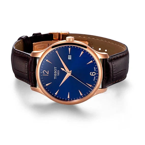 Men's Tissot Tradition Swiss Quartz Blue Dial Rose Gold PVD Leather Watch 42mm - T063.610.36.047.00
