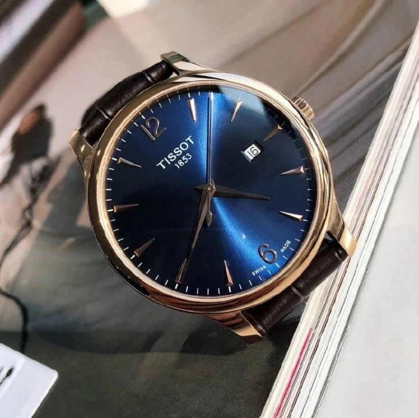 Men's Tissot Tradition Swiss Quartz Blue Dial Rose Gold PVD Leather Watch 42mm - T063.610.36.047.00