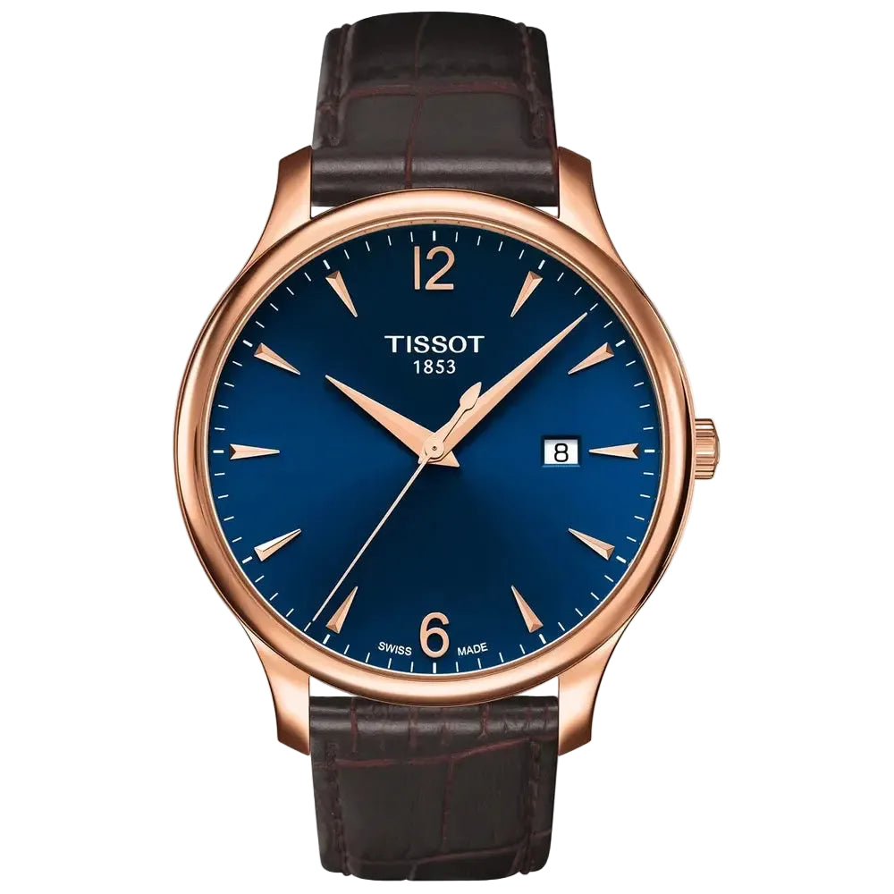 Men's Tissot Tradition Swiss Quartz Blue Dial Rose Gold PVD Leather Watch 42mm - T063.610.36.047.00