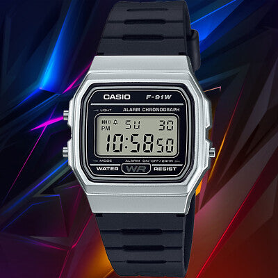 Men's Casio Classic Digital Silver Case Black Resin Strap 33mm - F-91WM-7AJH