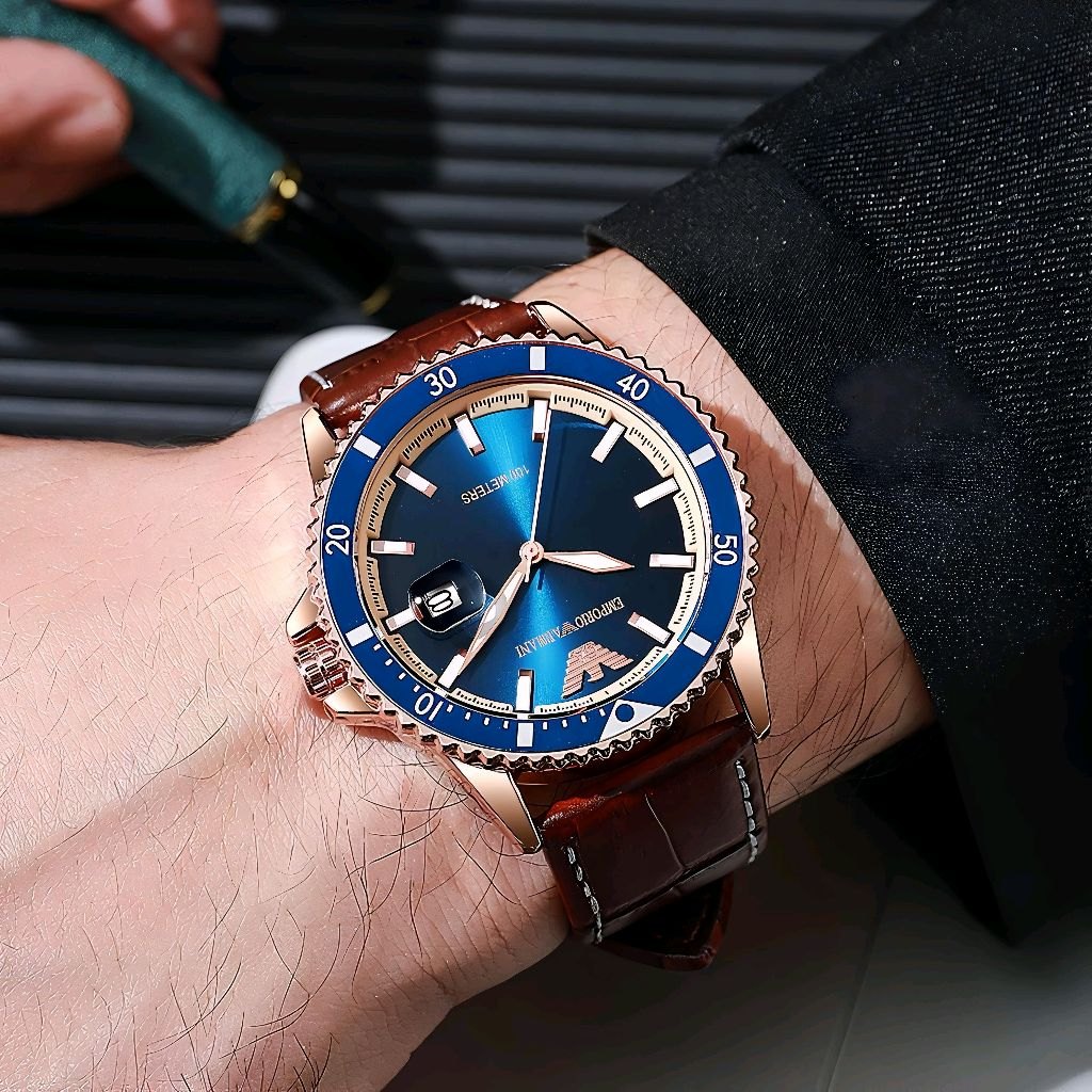 Men's Emporio Armani Diver Quartz Blue Dial Rose Gold Leather Watch 42mm - AR11556