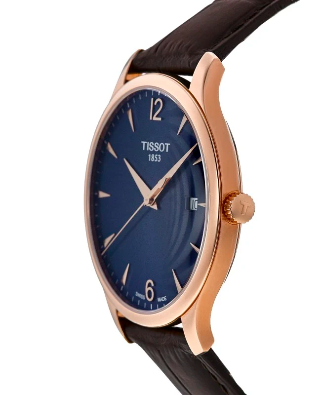 Men's Tissot Tradition Swiss Quartz Blue Dial Rose Gold PVD Leather Watch 42mm - T063.610.36.047.00