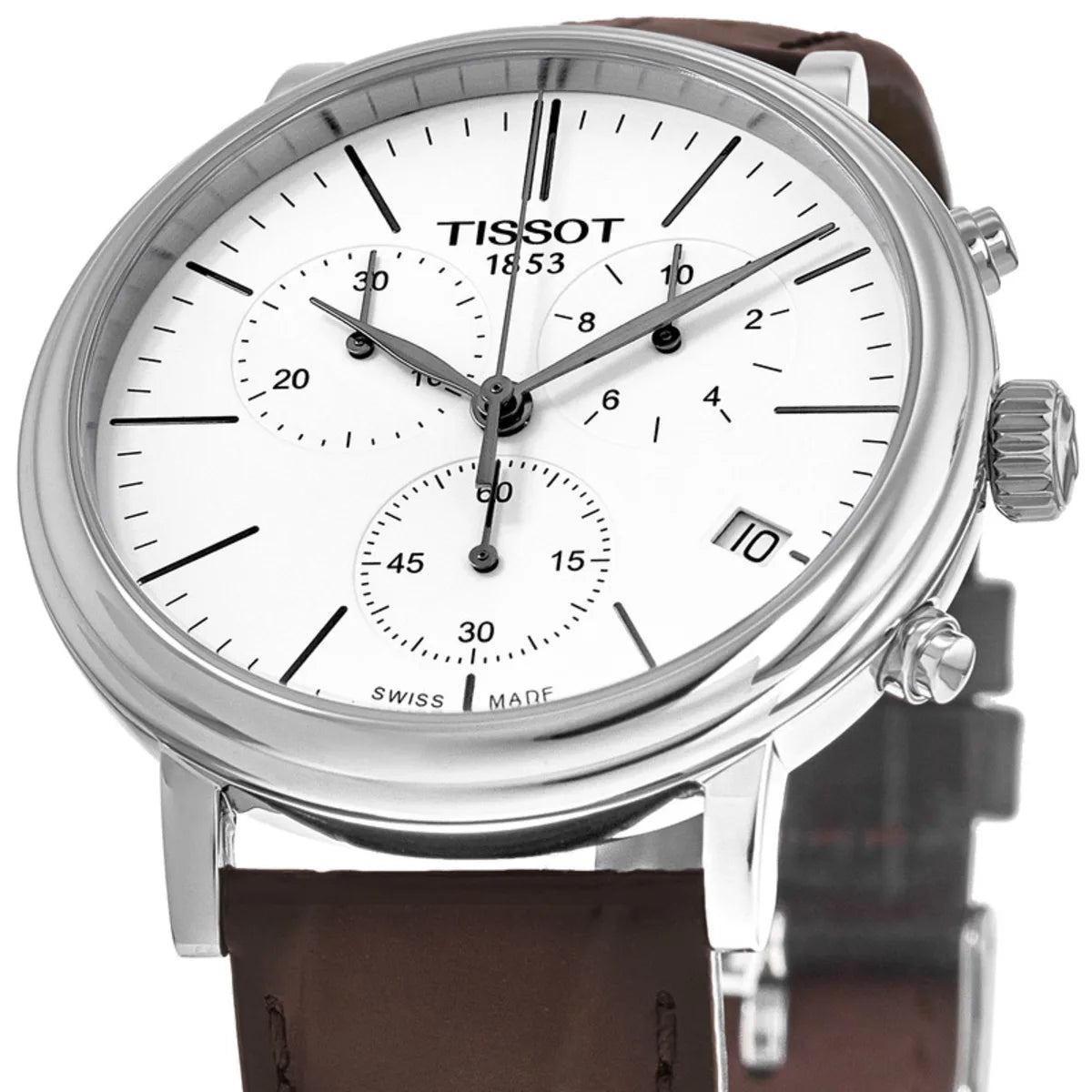 Men's Tissot Carson Premium Swiss Quartz Chronograph Silver Dial Brown Leather Watch 41mm - T122.417.16.011.00