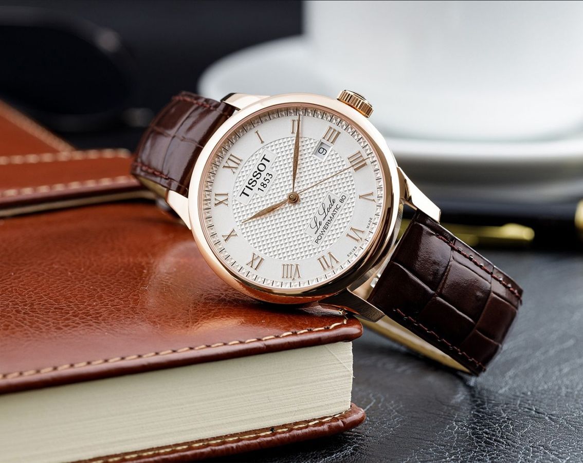 Men's Tissot Le Locle Powermatic 80 Silver Dial Rose Gold PVD Leather Watch 39.3mm - T006.407.36.033.00