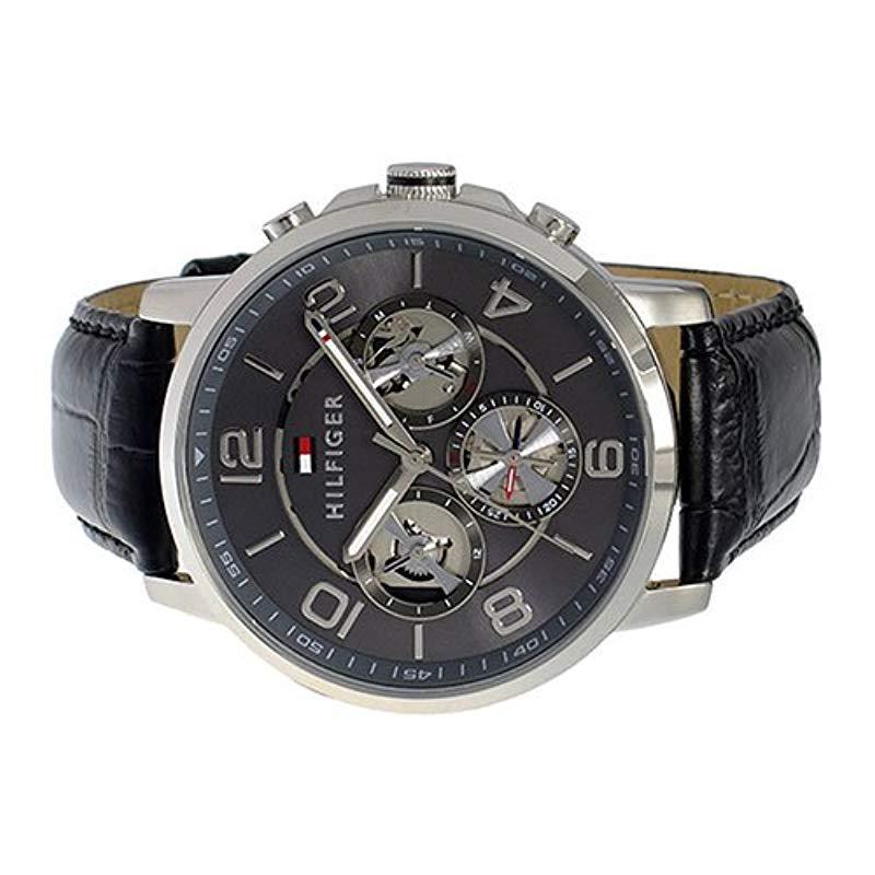 Men's Tommy Hilfiger Keagan Grey Dial Black Leather Strap 44mm Watch - 1791289