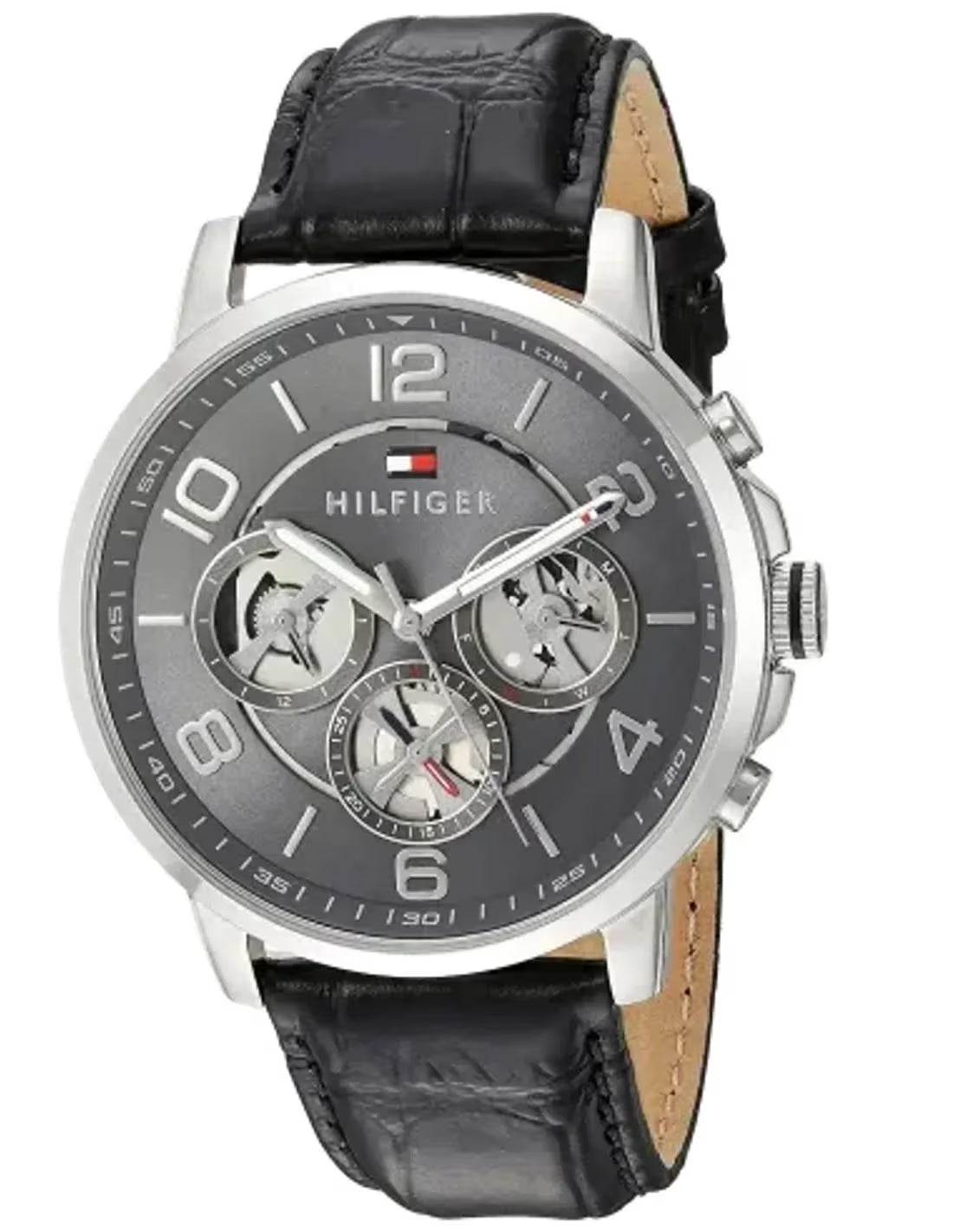 Men's Tommy Hilfiger Keagan Grey Dial Black Leather Strap 44mm Watch - 1791289