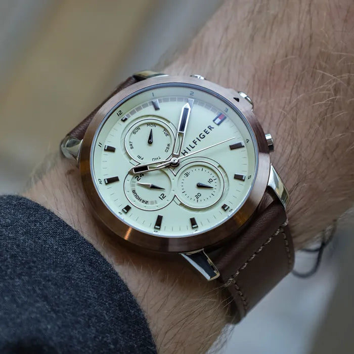 Tommy Hilfiger Men's Multifunction Stainless Steel Brown Leather Strap Men's Watch - 1792053