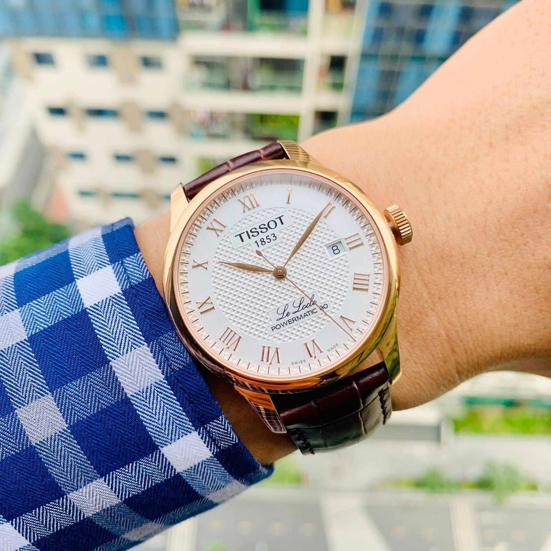 Men's Tissot Le Locle Powermatic 80 Silver Dial Rose Gold PVD Leather Watch 39.3mm - T006.407.36.033.00